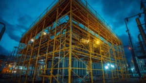 Custom-engineered non-conductive GRP fiberglass and aluminum specialized scaffolding hire Bangalore structure installed over complex high-voltage machinery at a live electrical substation.