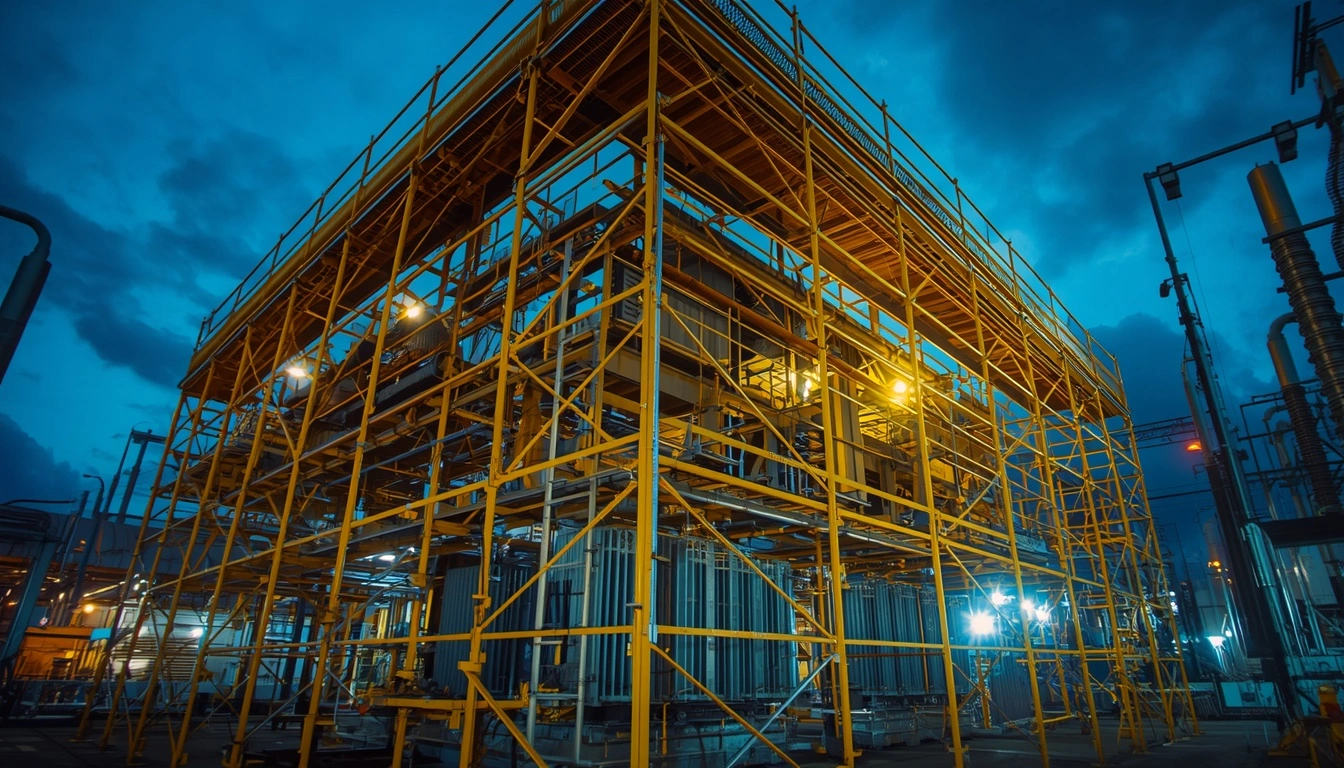 Custom-engineered non-conductive GRP fiberglass and aluminum specialized scaffolding hire Bangalore structure installed over complex high-voltage machinery at a live electrical substation.