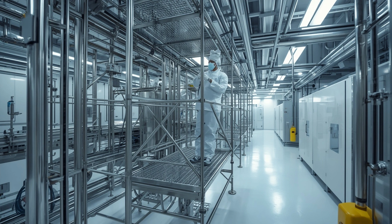 A technician in a sterile suit performing overhead maintenance on stainless steel cleanroom scaffolding in a modern Bangalore pharmaceutical facility, demonstrating safe pharma staging.