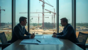 Heavy cranes and excavators operating on an infrastructure project site, illustrating B2B construction equipment leasing India.