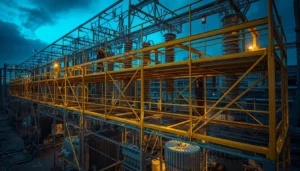 Workers in specialized electrical PPE standing on bright yellow fiberglass staging, showcasing safe non conductive scaffolding Bangalore installed safely over high-voltage transformers at a live utility substation.