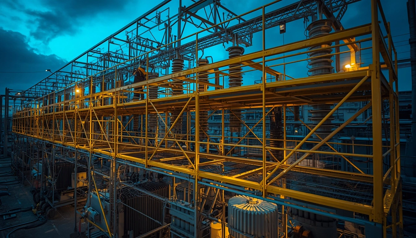 Workers in specialized electrical PPE standing on bright yellow fiberglass staging, showcasing safe non conductive scaffolding Bangalore installed safely over high-voltage transformers at a live utility substation.