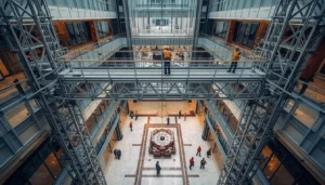 A professional aluminum rolling bridge scaffolding system spanning a high-ceiling atrium void in a Bangalore tech park lobby during overhead maintenance work.