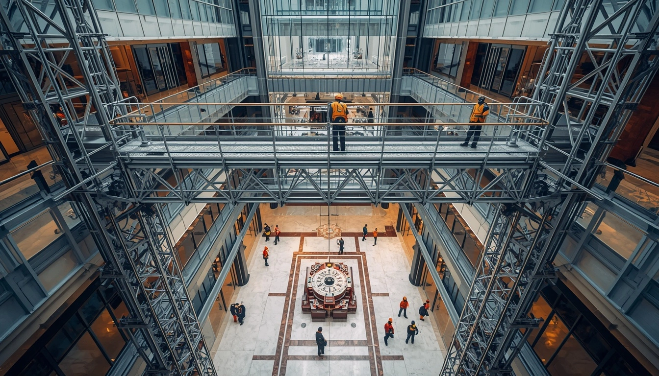 A professional aluminum rolling bridge scaffolding system spanning a high-ceiling atrium void in a Bangalore tech park lobby during overhead maintenance work.