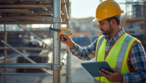 Site engineer performing a scaffolding material wear audit by measuring steel tube thickness with a digital caliper on a construction site.