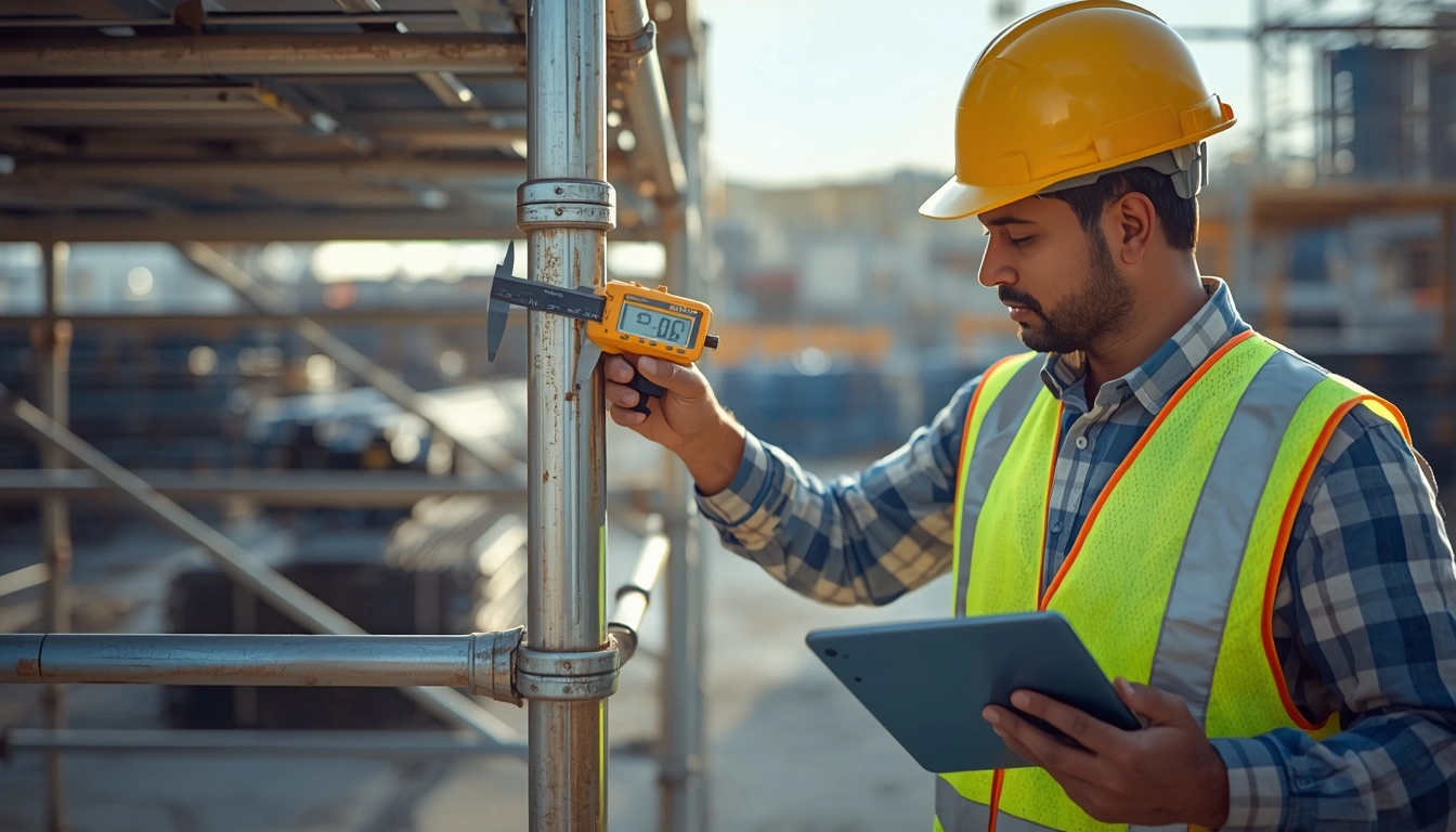 Site engineer performing a scaffolding material wear audit by measuring steel tube thickness with a digital caliper on a construction site.
