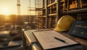 A scaffolding lease SLA agreement resting on steel cuplock scaffolding on a construction site.