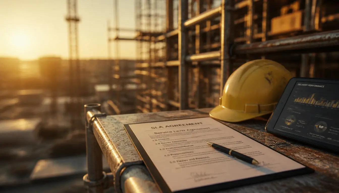 A scaffolding lease SLA agreement resting on steel cuplock scaffolding on a construction site.