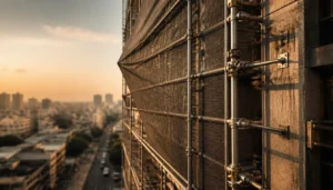 High-rise urban access framework secured with mechanical wall ties, illustrating the intense wind load on scaffolding with debris netting as the taut mesh catches a strong breeze.