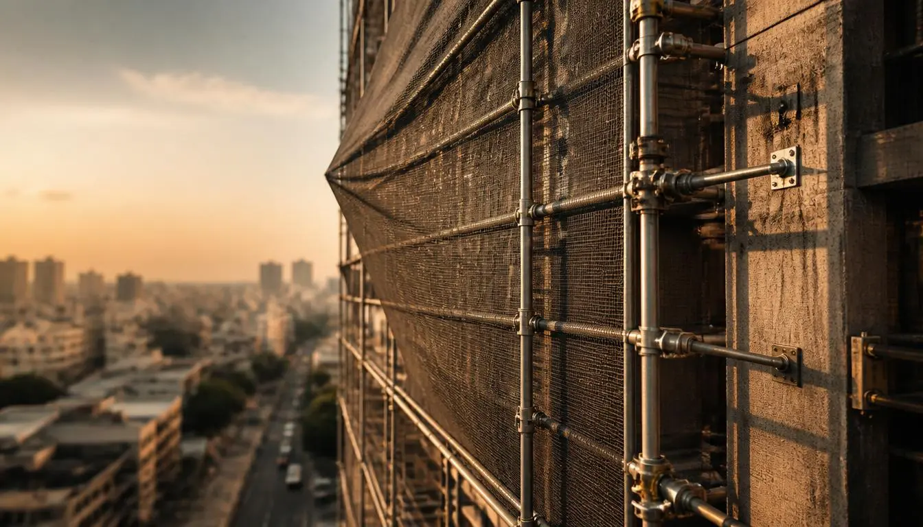 High-rise urban access framework secured with mechanical wall ties, illustrating the intense wind load on scaffolding with debris netting as the taut mesh catches a strong breeze.